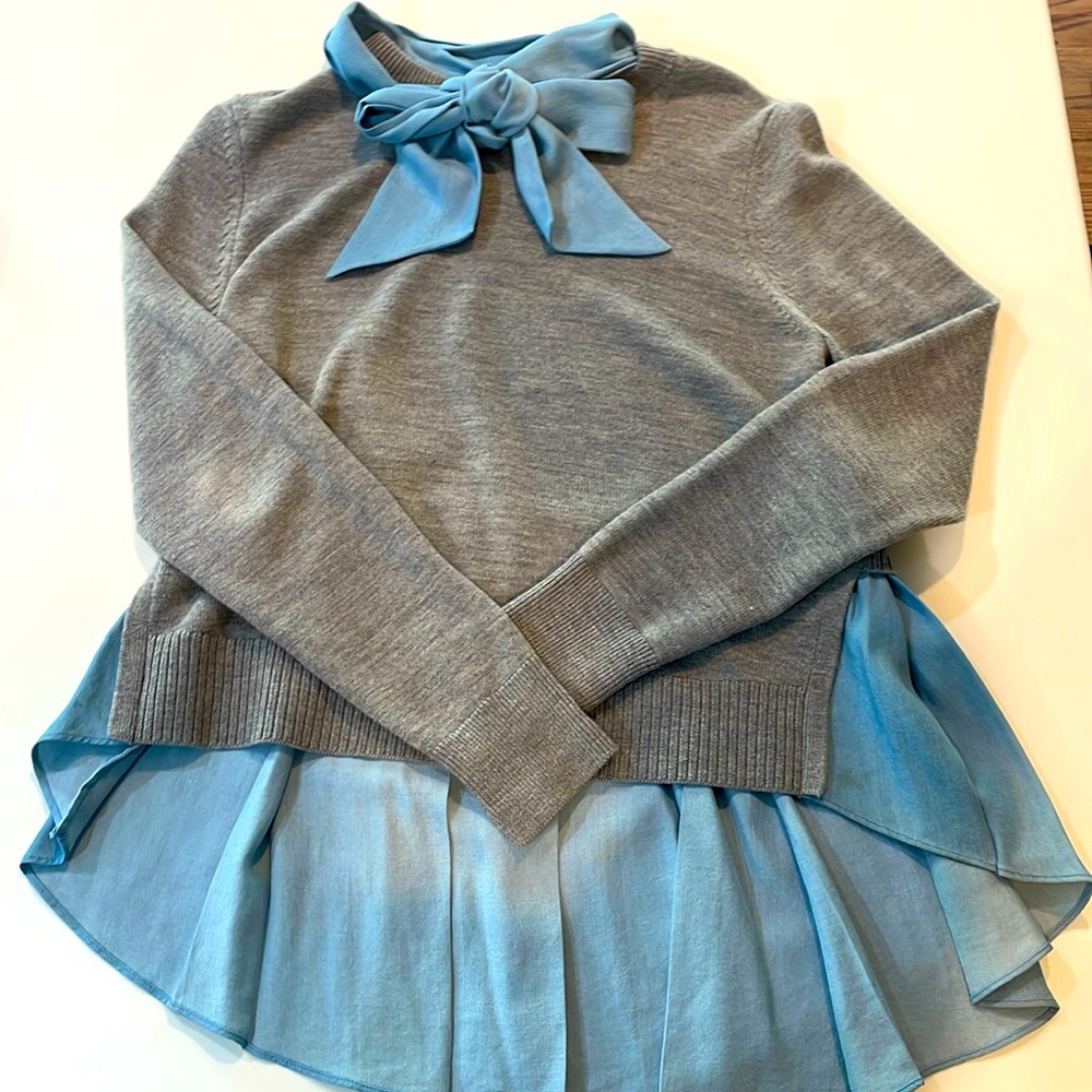 Veronica Beard Layered Sweater Blouse Gray Blue Bow Size M Designer